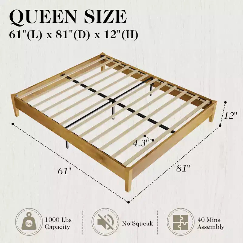 AMERLIFE Solid Wood Bed Frame with No Headboard, No Box Spring Needed/Wood Slat Support