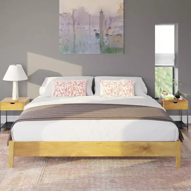 AMERLIFE Solid Wood Bed Frame with No Headboard, No Box Spring Needed/Wood Slat Support