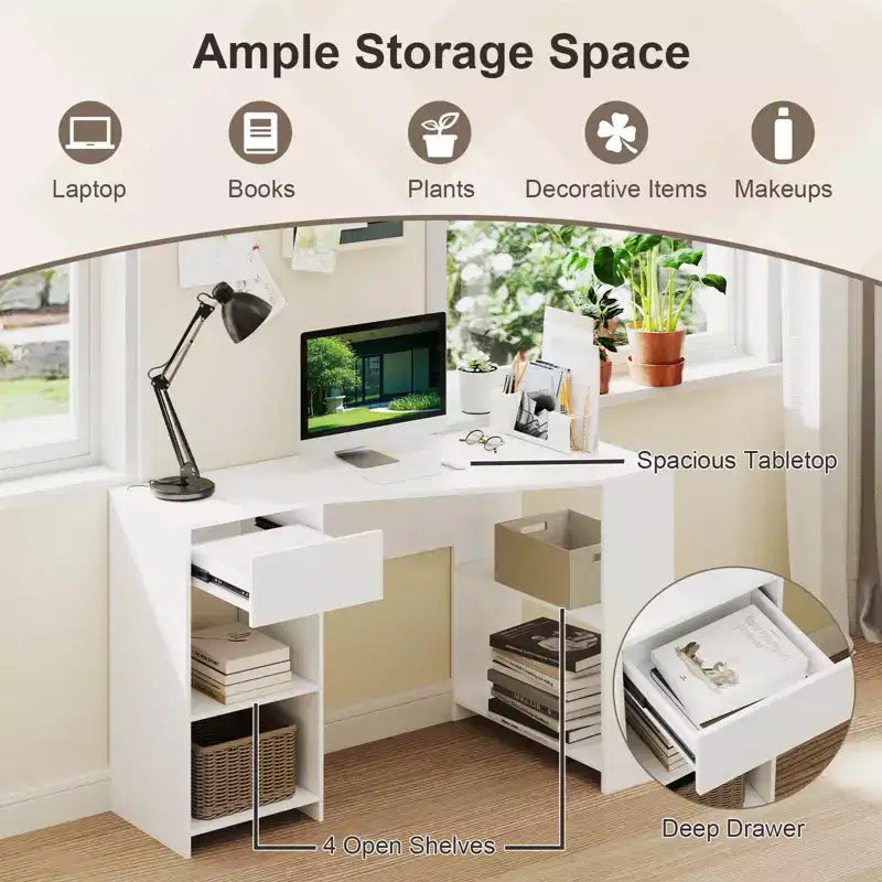 Costway L Shaped Computer Desk with Drawer & Storage Shelves for Home Office Workstation