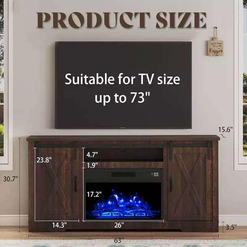 AMERLIFE Fireplace TV Stand with Sliding Barn Door for TVs up to 73, Farmhouse 63 Fireplace Entertainment Center