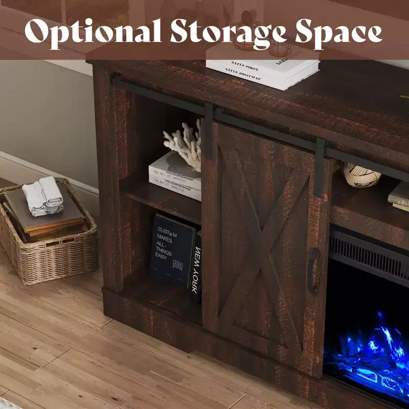 AMERLIFE Fireplace TV Stand with Sliding Barn Door for TVs up to 73, Farmhouse 63 Fireplace Entertainment Center