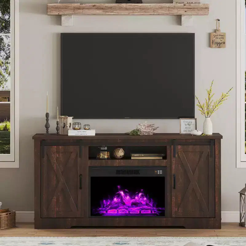 AMERLIFE Fireplace TV Stand with Sliding Barn Door for TVs up to 73, Farmhouse 63 Fireplace Entertainment Center