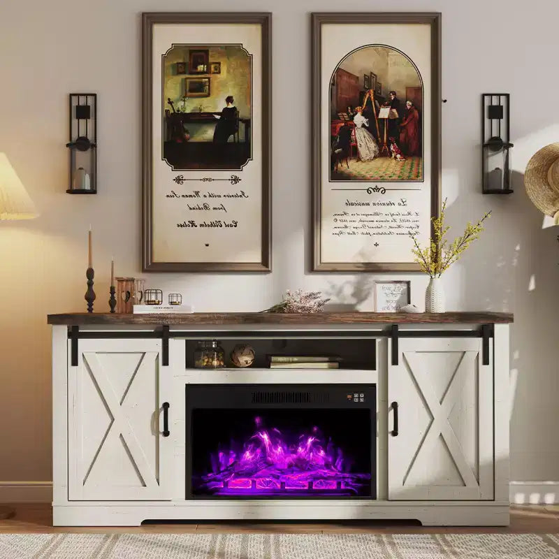 AMERLIFE Fireplace TV Stand with Sliding Barn Door for TVs up to 73, Farmhouse 63 Fireplace Entertainment Center