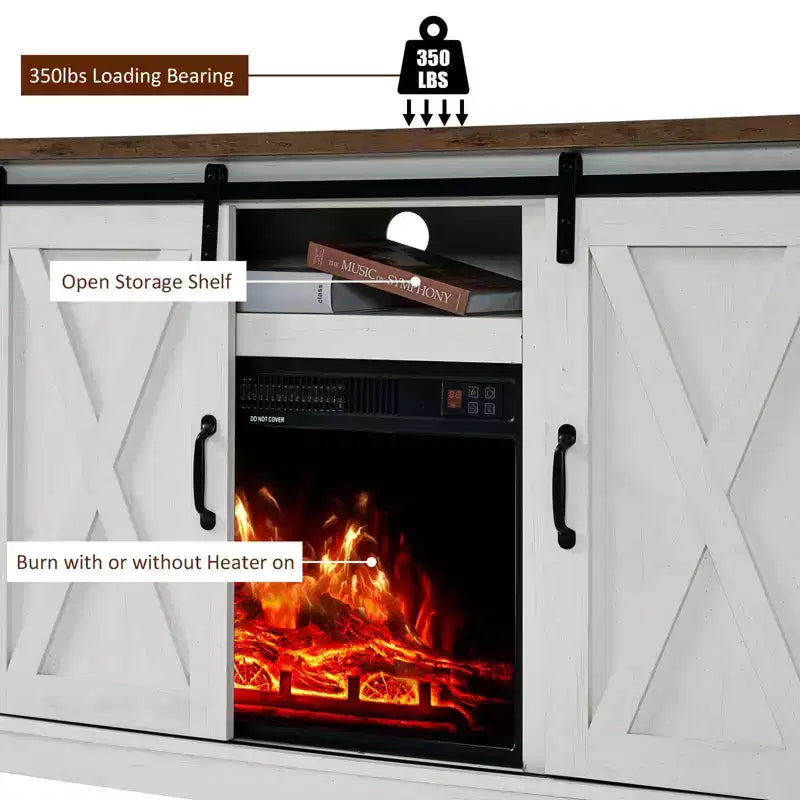 AMERLIFE Fireplace TV Stand with Sliding Barn Door for TVs up to 73, Farmhouse 63 Fireplace Entertainment Center
