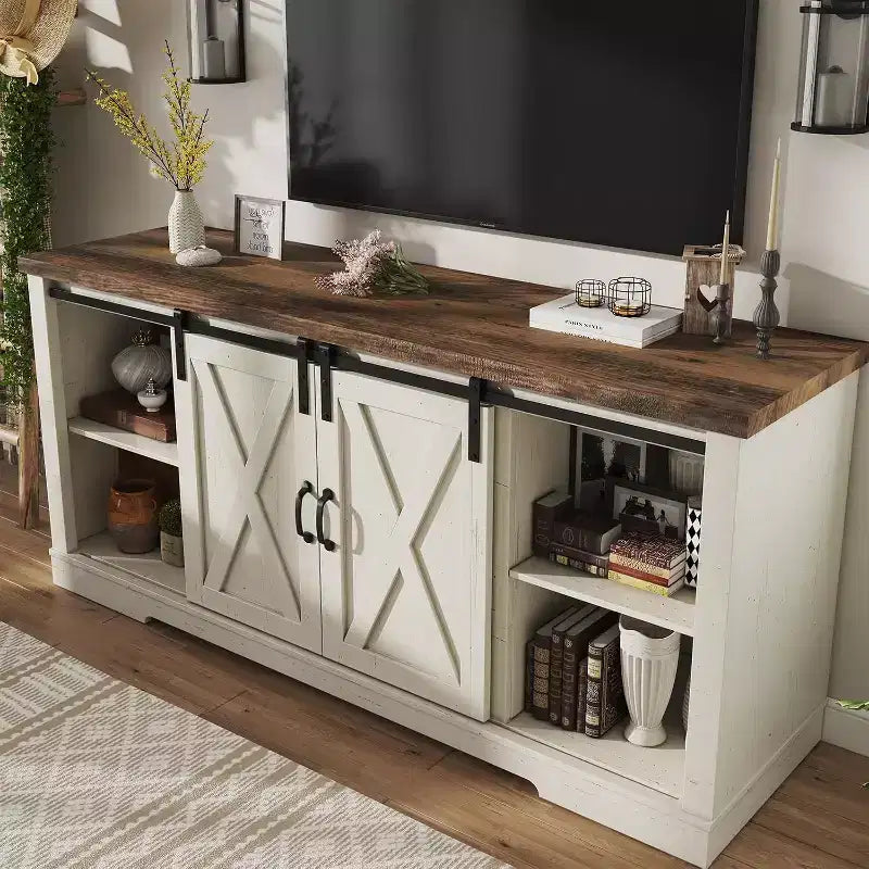AMERLIFE Fireplace TV Stand with Sliding Barn Door for TVs up to 73, Farmhouse 63 Fireplace Entertainment Center