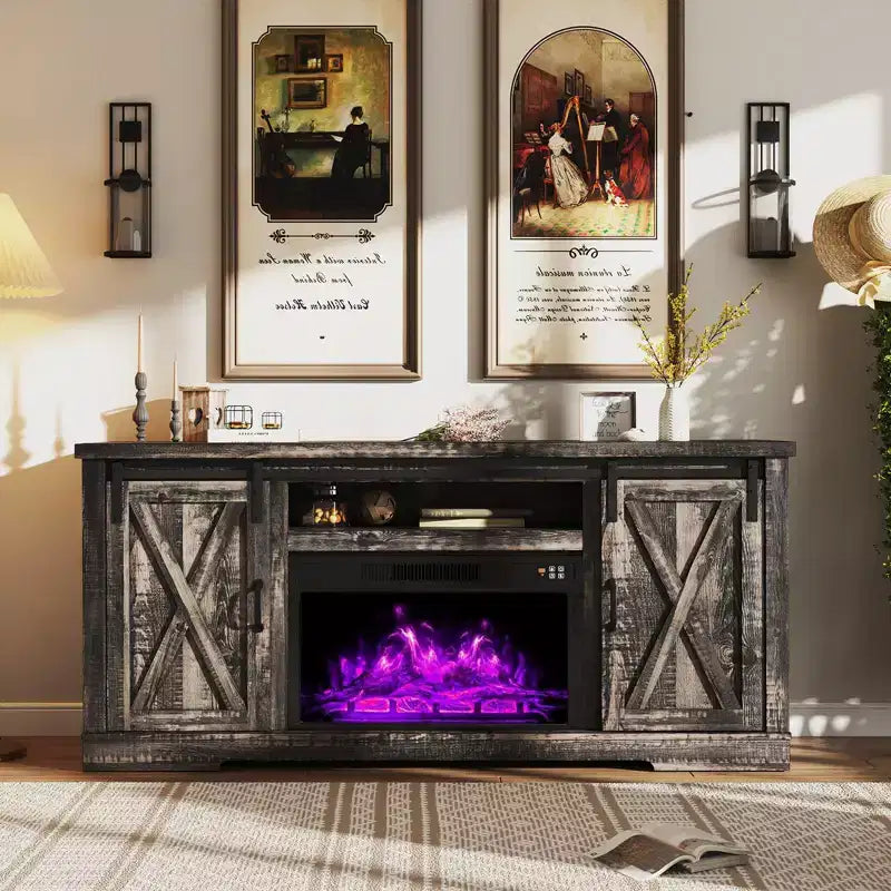 AMERLIFE Fireplace TV Stand with Sliding Barn Door for TVs up to 73, Farmhouse 63 Fireplace Entertainment Center
