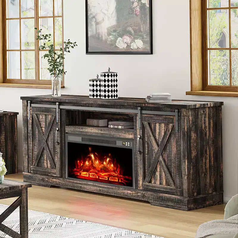 AMERLIFE Fireplace TV Stand with Sliding Barn Door for TVs up to 73, Farmhouse 63 Fireplace Entertainment Center