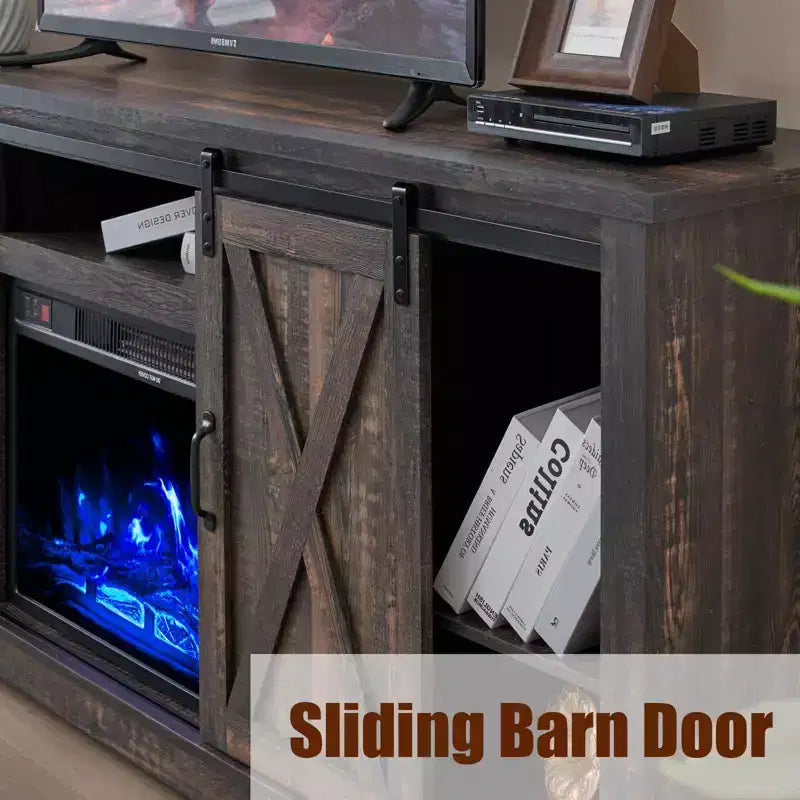 AMERLIFE Fireplace TV Stand with Sliding Barn Door for TVs up to 73, Farmhouse 63 Fireplace Entertainment Center