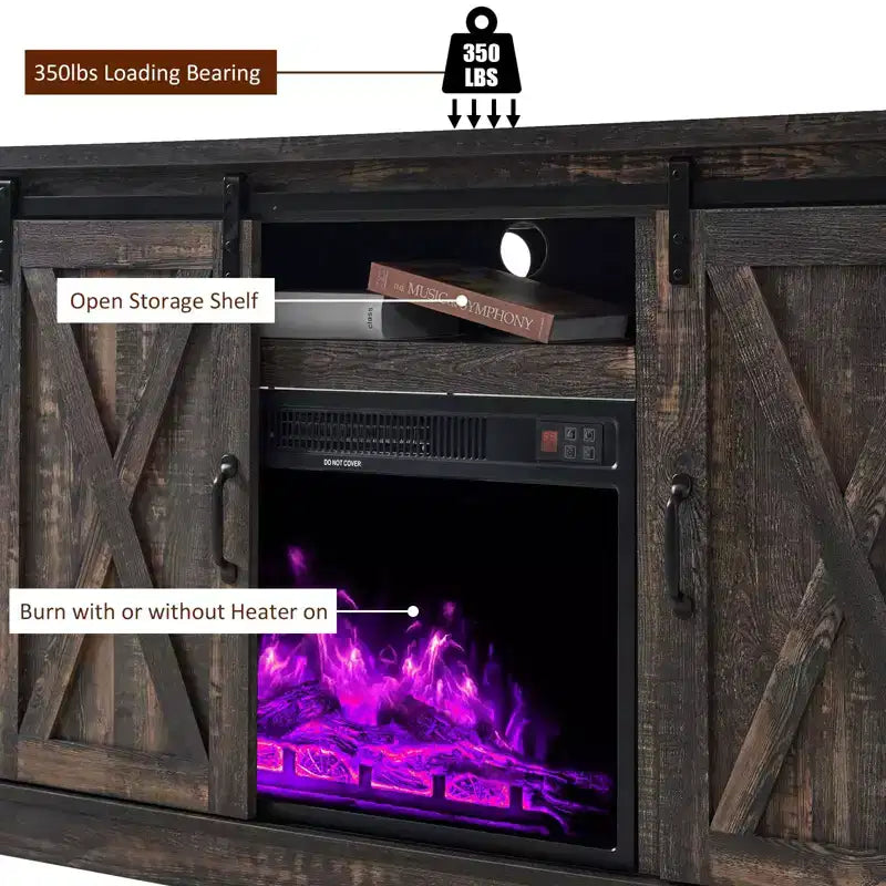 AMERLIFE Fireplace TV Stand with Sliding Barn Door for TVs up to 73, Farmhouse 63 Fireplace Entertainment Center