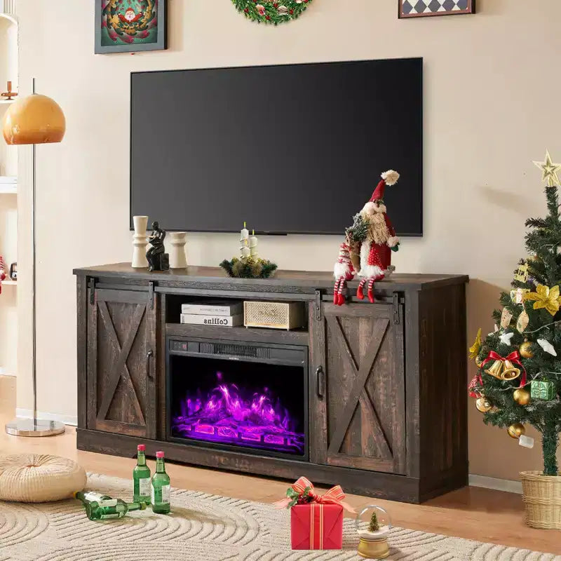 AMERLIFE Fireplace TV Stand with Sliding Barn Door for TVs up to 73, Farmhouse 63 Fireplace Entertainment Center