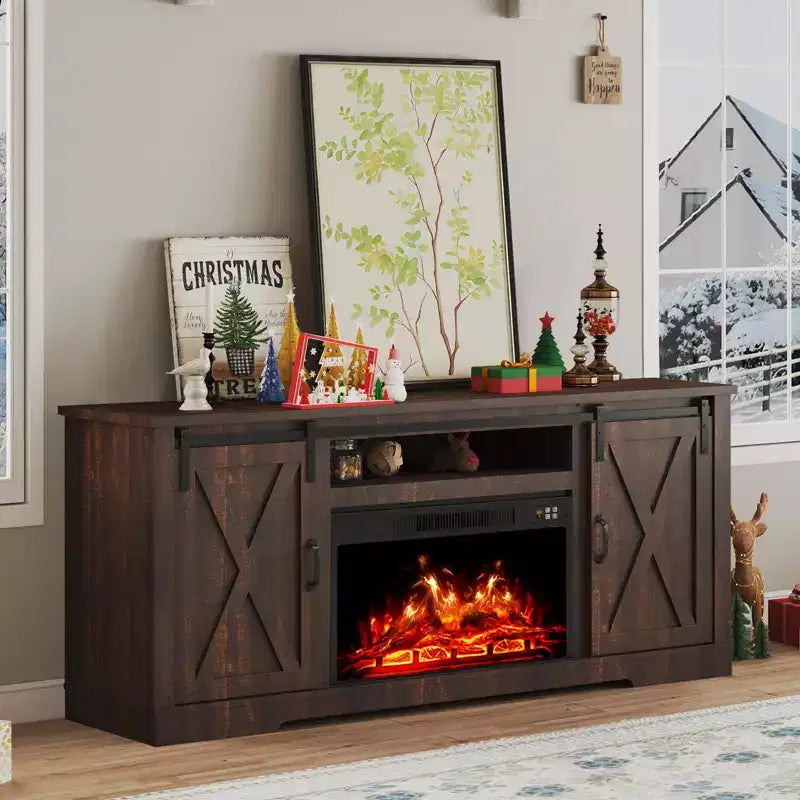 AMERLIFE Fireplace TV Stand with Sliding Barn Door for TVs up to 73, Farmhouse 63 Fireplace Entertainment Center