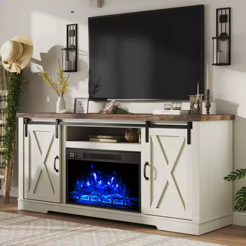 AMERLIFE Fireplace TV Stand with Sliding Barn Door for TVs up to 73, Farmhouse 63 Fireplace Entertainment Center