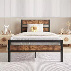 CLIHOME Platform Bed Frame with Rustic Vintage Wood Headboard, Strong Metal Slats Support, No Box Spring Needed