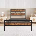 CLIHOME Platform Bed Frame with Rustic Vintage Wood Headboard, Strong Metal Slats Support, No Box Spring Needed