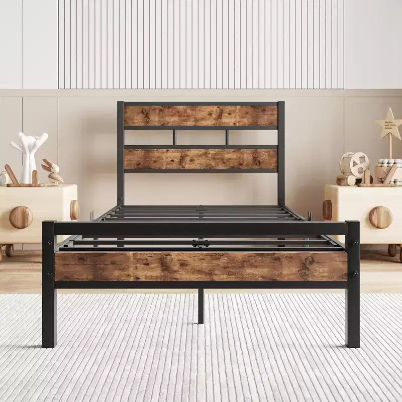 CLIHOME Platform Bed Frame with Rustic Vintage Wood Headboard, Strong Metal Slats Support, No Box Spring Needed