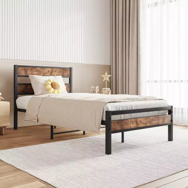 CLIHOME Platform Bed Frame with Rustic Vintage Wood Headboard, Strong Metal Slats Support, No Box Spring Needed