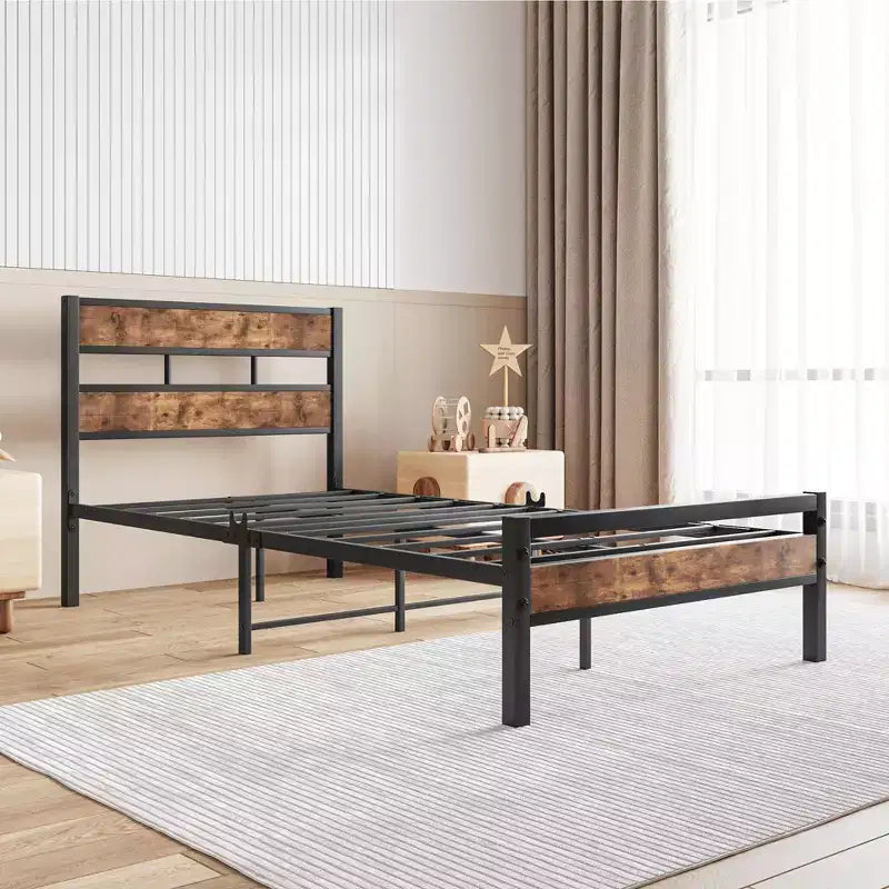 CLIHOME Platform Bed Frame with Rustic Vintage Wood Headboard, Strong Metal Slats Support, No Box Spring Needed