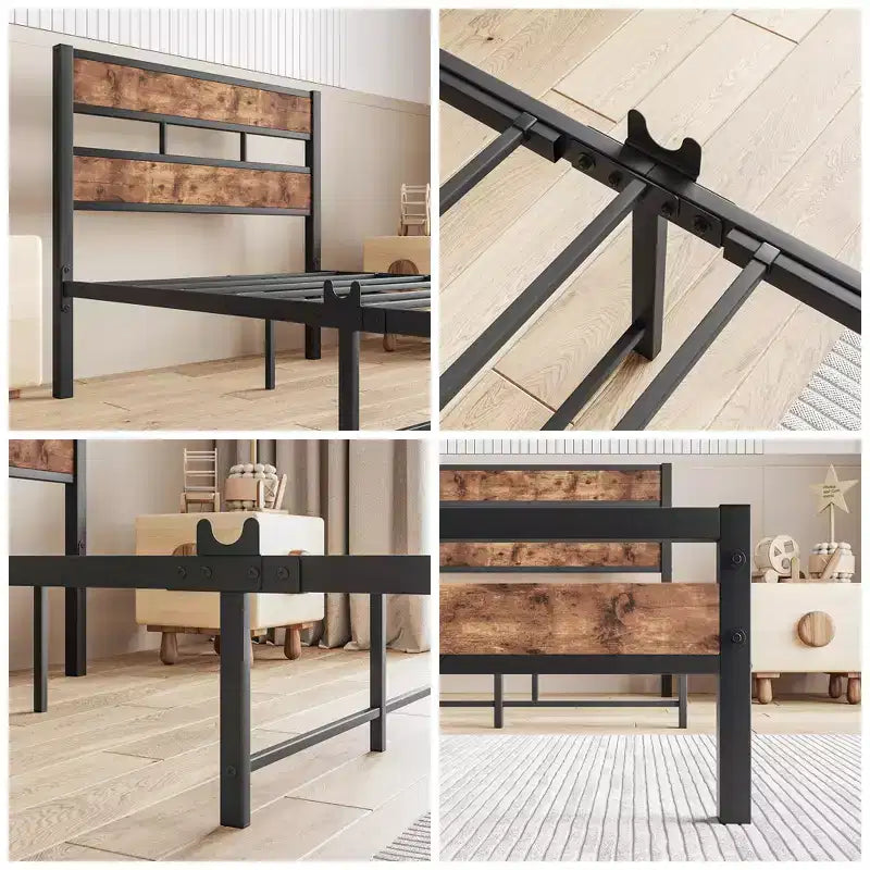 CLIHOME Platform Bed Frame with Rustic Vintage Wood Headboard, Strong Metal Slats Support, No Box Spring Needed