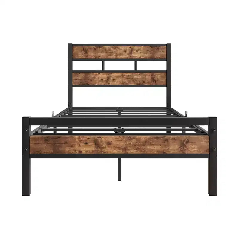 CLIHOME Platform Bed Frame with Rustic Vintage Wood Headboard, Strong Metal Slats Support, No Box Spring Needed