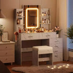 Vanity Desk with Mirror, Makeup Vanity with Drawers & Charging Station, 3 Lighting Color Adjustable