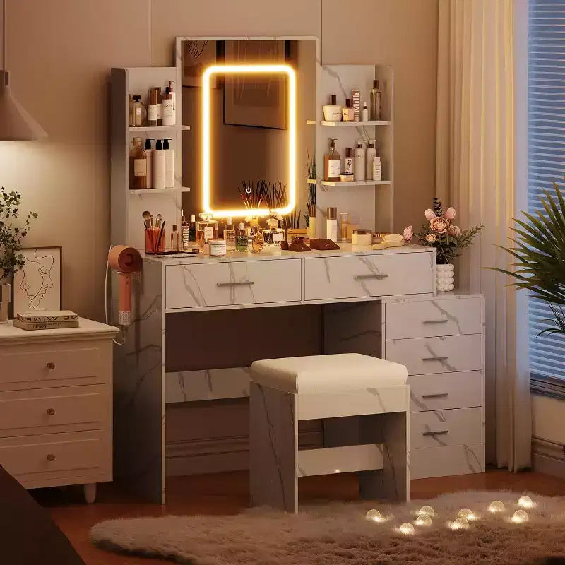 Vanity Desk with Mirror, Makeup Vanity with Drawers & Charging Station, 3 Lighting Color Adjustable