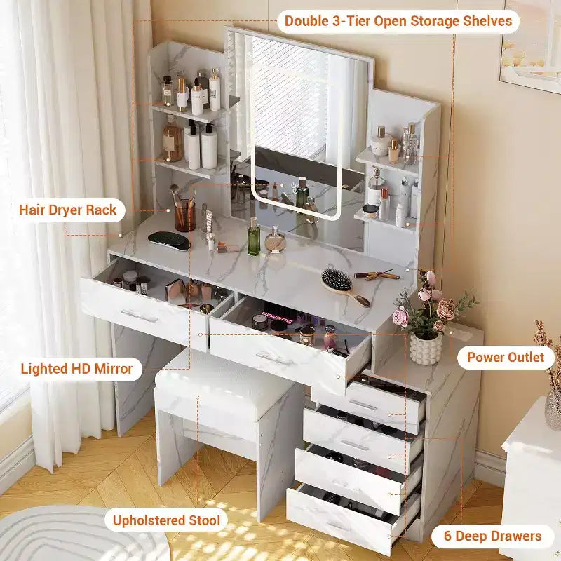 Vanity Desk with Mirror, Makeup Vanity with Drawers & Charging Station, 3 Lighting Color Adjustable