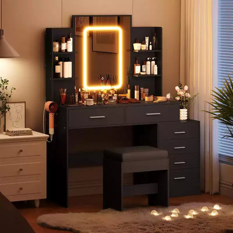 Vanity Desk with Mirror, Makeup Vanity with Drawers & Charging Station, 3 Lighting Color Adjustable