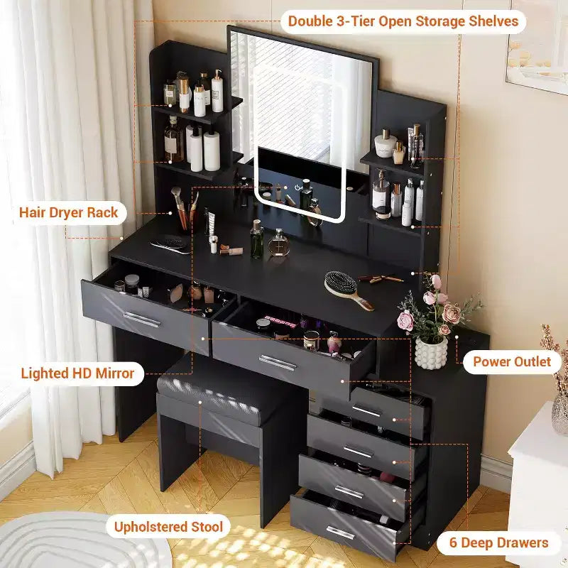 Vanity Desk with Mirror, Makeup Vanity with Drawers & Charging Station, 3 Lighting Color Adjustable