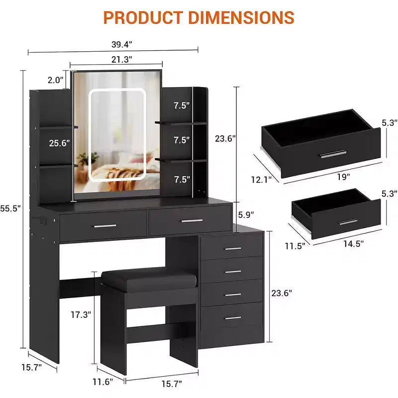 Vanity Desk with Mirror, Makeup Vanity with Drawers & Charging Station, 3 Lighting Color Adjustable
