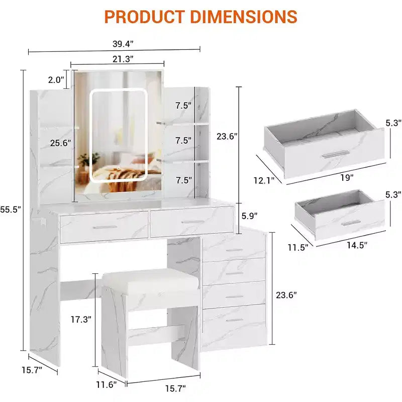 Vanity Desk with Mirror, Makeup Vanity with Drawers & Charging Station, 3 Lighting Color Adjustable