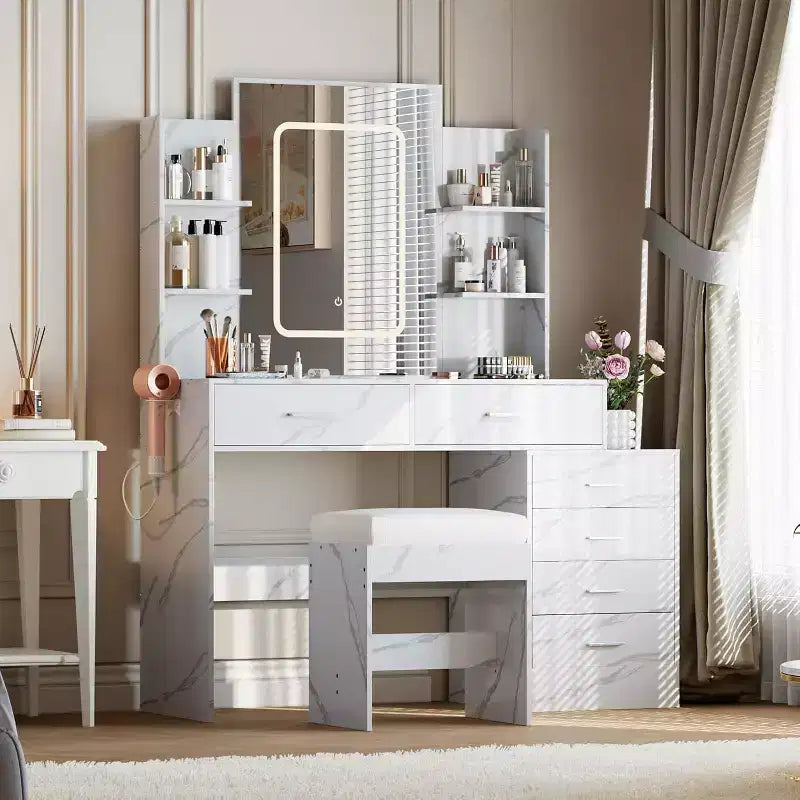 Vanity Desk with Mirror, Makeup Vanity with Drawers & Charging Station, 3 Lighting Color Adjustable