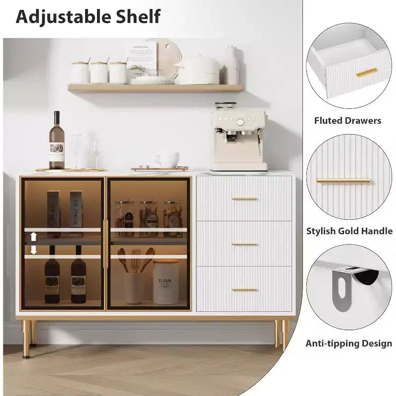 46.4 Buffet Sideboard Cabinet with Storage, 2 Glass Doors 3 Drawers and Shelves, Marble Top Kitchen Sideboard Cabinet for Dining Room