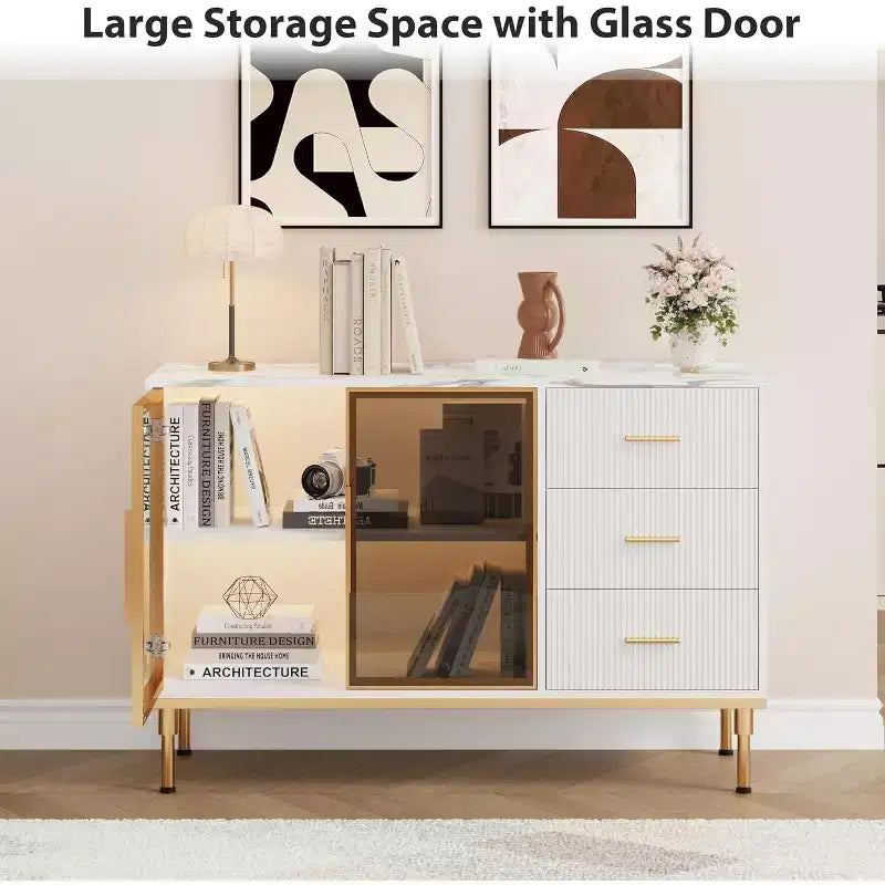 46.4 Buffet Sideboard Cabinet with Storage, 2 Glass Doors 3 Drawers and Shelves, Marble Top Kitchen Sideboard Cabinet for Dining Room