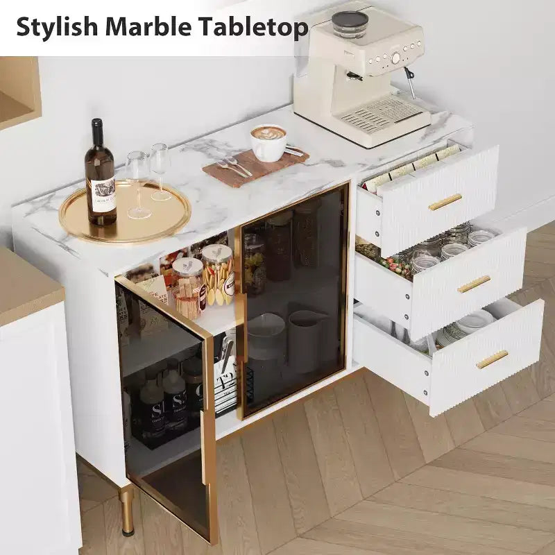 46.4 Buffet Sideboard Cabinet with Storage, 2 Glass Doors 3 Drawers and Shelves, Marble Top Kitchen Sideboard Cabinet for Dining Room