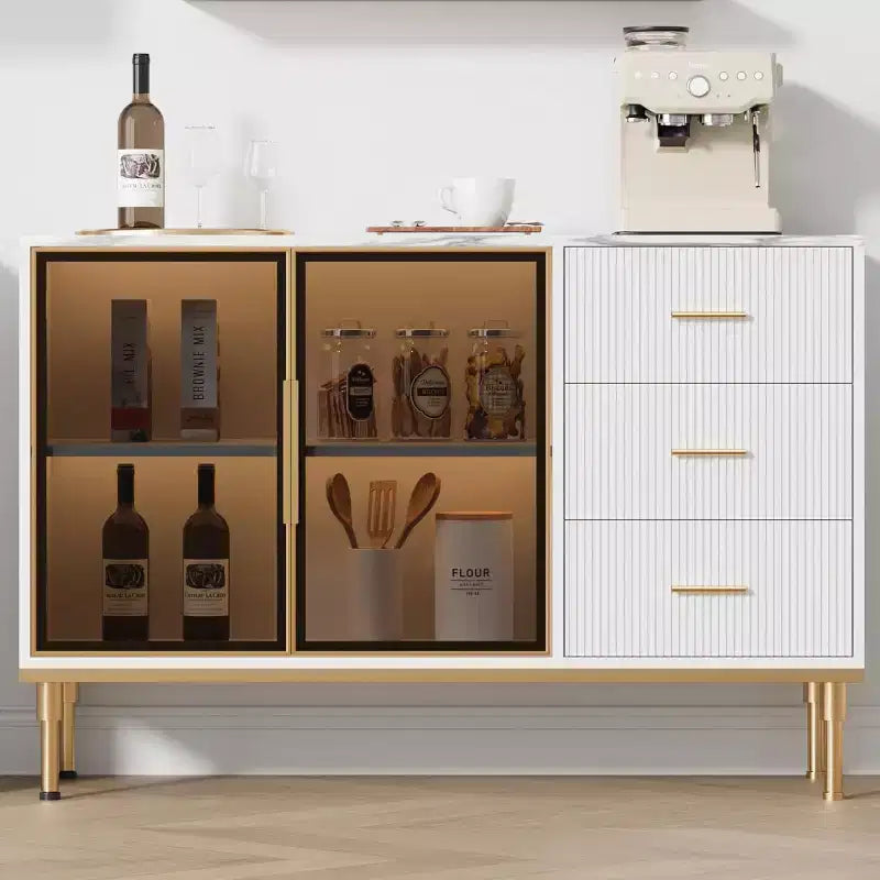 46.4 Buffet Sideboard Cabinet with Storage, 2 Glass Doors 3 Drawers and Shelves, Marble Top Kitchen Sideboard Cabinet for Dining Room