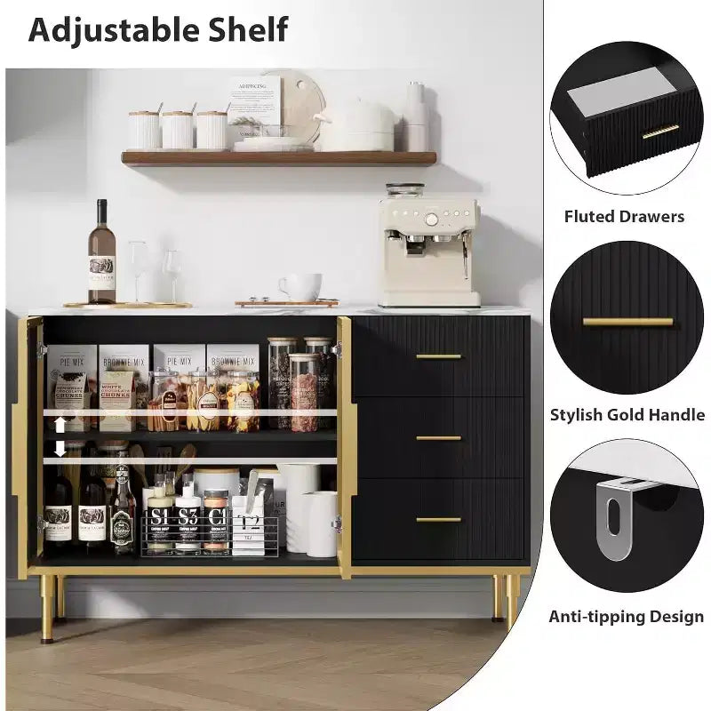 46.4 Buffet Sideboard Cabinet with Storage, 2 Glass Doors 3 Drawers and Shelves, Marble Top Kitchen Sideboard Cabinet for Dining Room