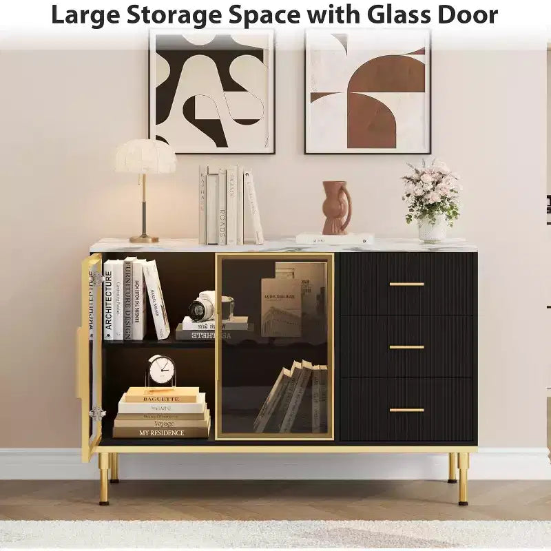 46.4 Buffet Sideboard Cabinet with Storage, 2 Glass Doors 3 Drawers and Shelves, Marble Top Kitchen Sideboard Cabinet for Dining Room