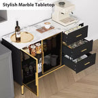 46.4 Buffet Sideboard Cabinet with Storage, 2 Glass Doors 3 Drawers and Shelves, Marble Top Kitchen Sideboard Cabinet for Dining Room