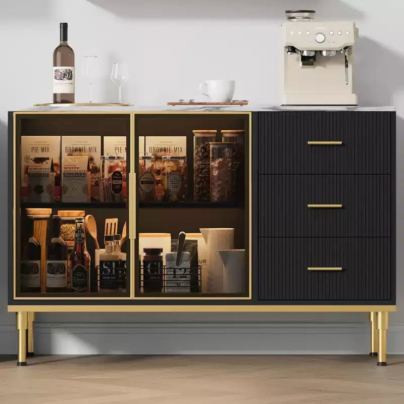 46.4 Buffet Sideboard Cabinet with Storage, 2 Glass Doors 3 Drawers and Shelves, Marble Top Kitchen Sideboard Cabinet for Dining Room