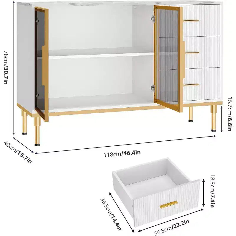 46.4 Buffet Sideboard Cabinet with Storage, 2 Glass Doors 3 Drawers and Shelves, Marble Top Kitchen Sideboard Cabinet for Dining Room