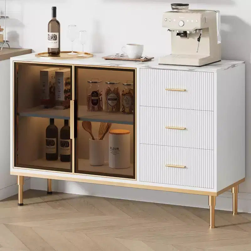 46.4 Buffet Sideboard Cabinet with Storage, 2 Glass Doors 3 Drawers and Shelves, Marble Top Kitchen Sideboard Cabinet for Dining Room