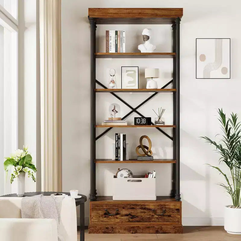 81.3 Tall Bookcase - 5 Tier Bookshelf with Drawers, Vintage Metal Frame, Display Shelf, Storage for Home Office, Living Room, Bedroom, Bathroom