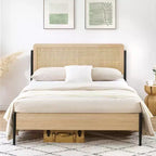 Full/Queen bed frame with curved metal rattan headboard and wooden footboard platform with under bed storage