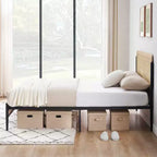 Full/Queen bed frame with curved metal rattan headboard and wooden footboard platform with under bed storage