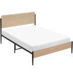 Full/Queen bed frame with curved metal rattan headboard and wooden footboard platform with under bed storage