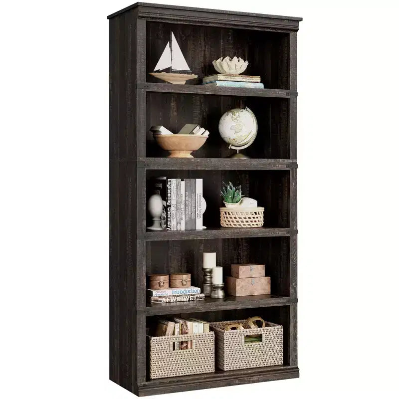 5-Tier Wooden Bookcase, Farmhouse Storage Book Shelf with Display Shelves, Tall Book Case