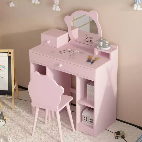 2-in-1 Princess Makeup Desk & Chair Set with Storage - Toddler Pretend Play Vanity for Girls - Pink