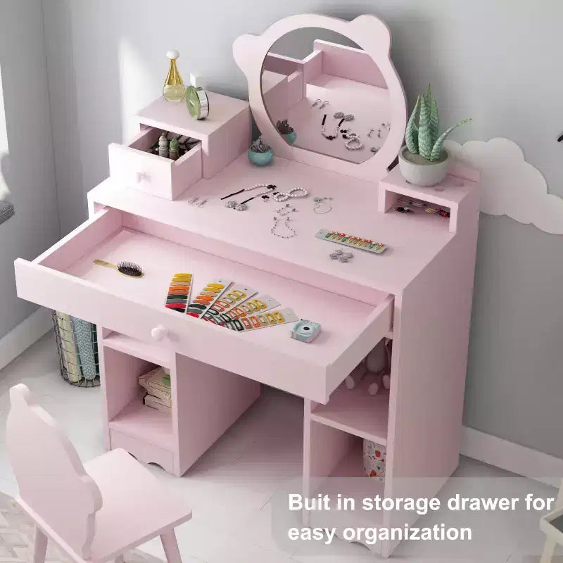 2-in-1 Princess Makeup Desk & Chair Set with Storage - Toddler Pretend Play Vanity for Girls - Pink