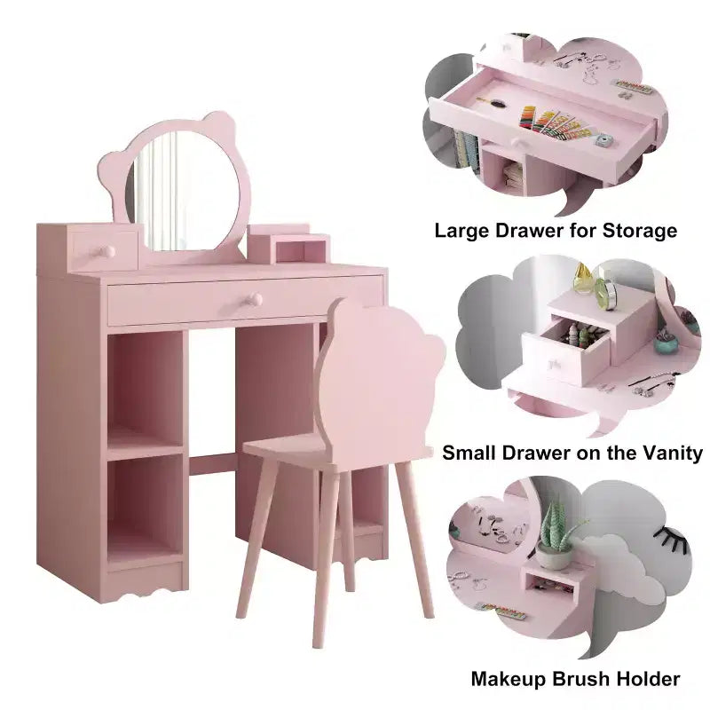 2-in-1 Princess Makeup Desk & Chair Set with Storage - Toddler Pretend Play Vanity for Girls - Pink