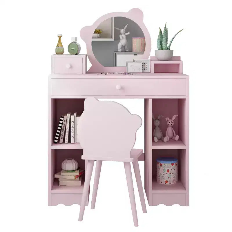 2-in-1 Princess Makeup Desk & Chair Set with Storage - Toddler Pretend Play Vanity for Girls - Pink